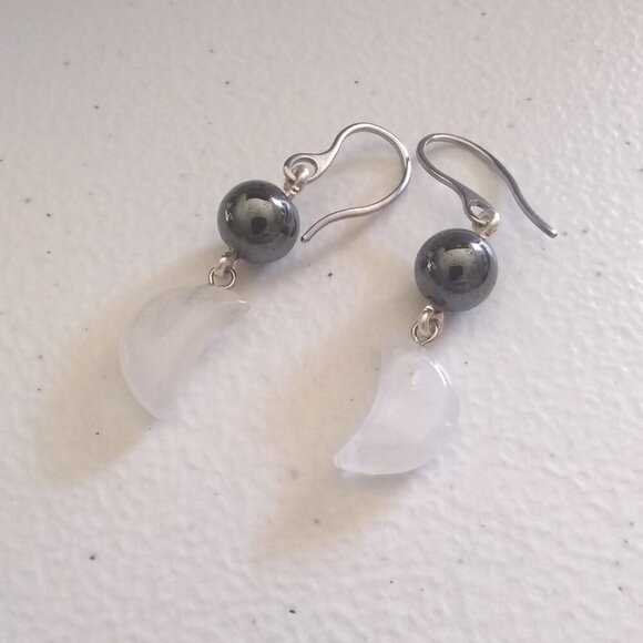 Emotional Balance: Handmade Quartz Moon & Hematite Dangle Earrings - Picture 5 of 9